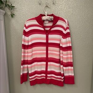 Vintage Cherokee 100% Cotton Pink, Tan and White Striped Zip Up Cardigan